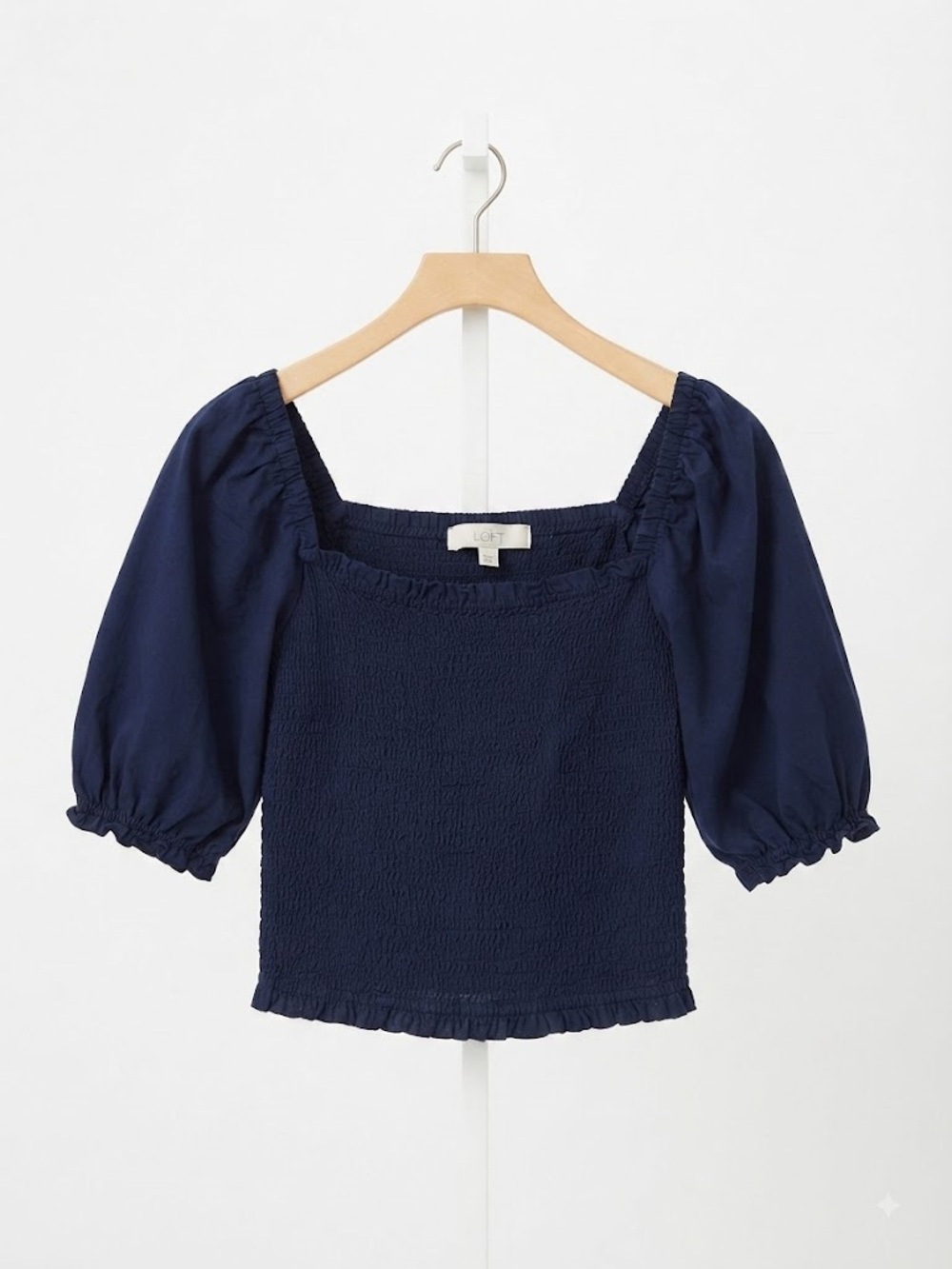 LOFT Navy Smocked Square Neck Puff Sleeve Blouse L